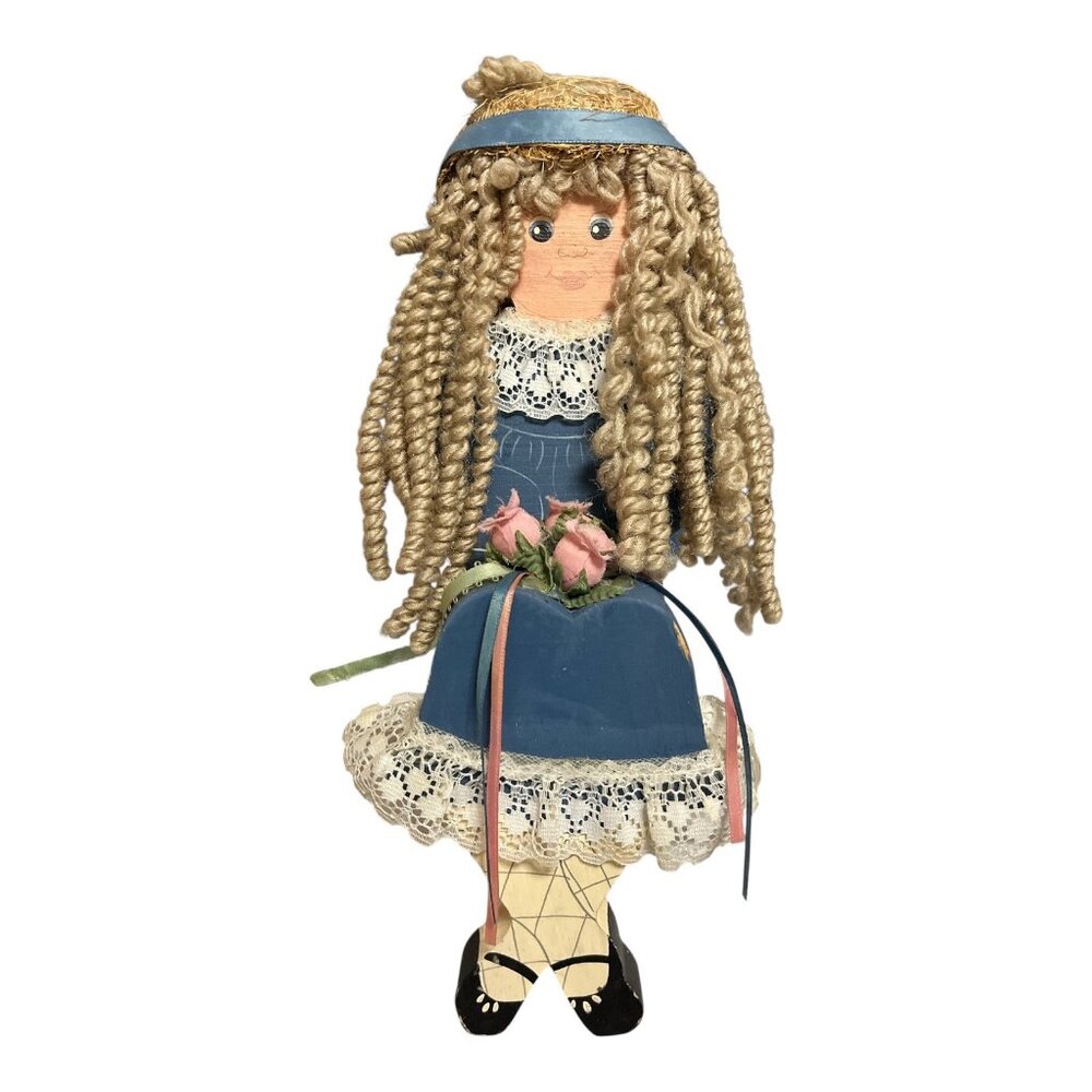 Vintage Wooden Shelf Sitter Doll – Blonde Curls, Blue Dress & Lace – 11"